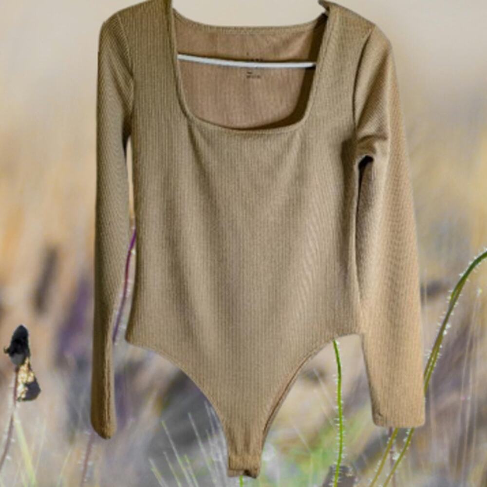 A New Day small tan long sleeve bodysuit. Polyester blend stretch woman's top.